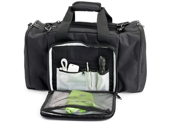 flight bag filled with pilot accessories